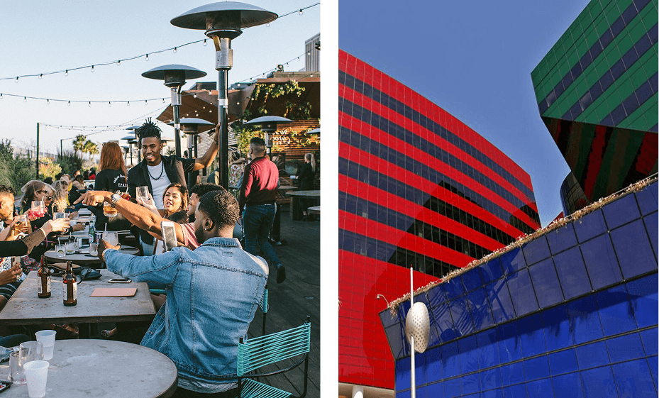Split image showing friends socializing at an outdoor rooftop dining space beside colorful modern buildings at the Pacific Design Center.