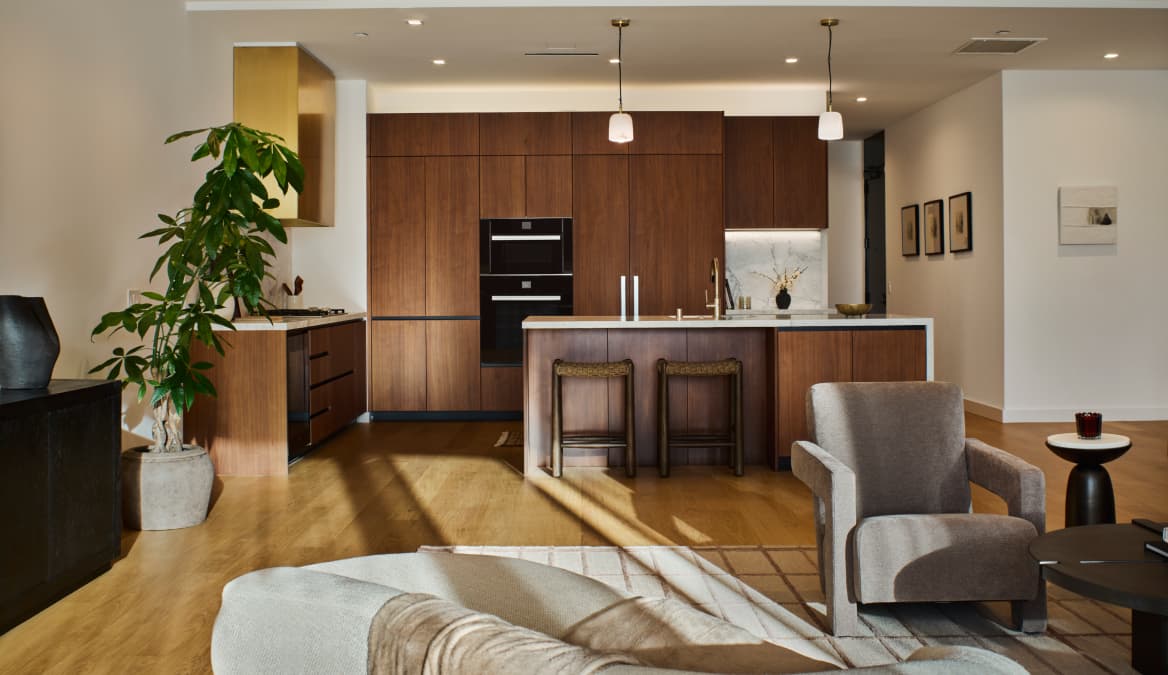 A wide interior view of an open-plan kitchen and living room at The Harland. The space features a modern kitchen with cabinetry and an island or counter, flowing into a seating area. Large windows provide natural light, emphasizing a clean, contemporary design and connected layout.
